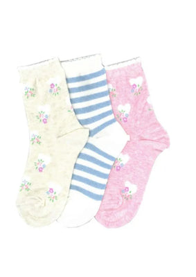Columbine | Floral Heart Cotton 3 Pair Pack Crew