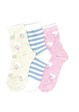 Columbine | Floral Heart Cotton 3 Pair Pack Crew