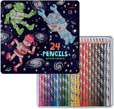 eeBoo - 24 Coloured Pencils In Tin - Silver Robot